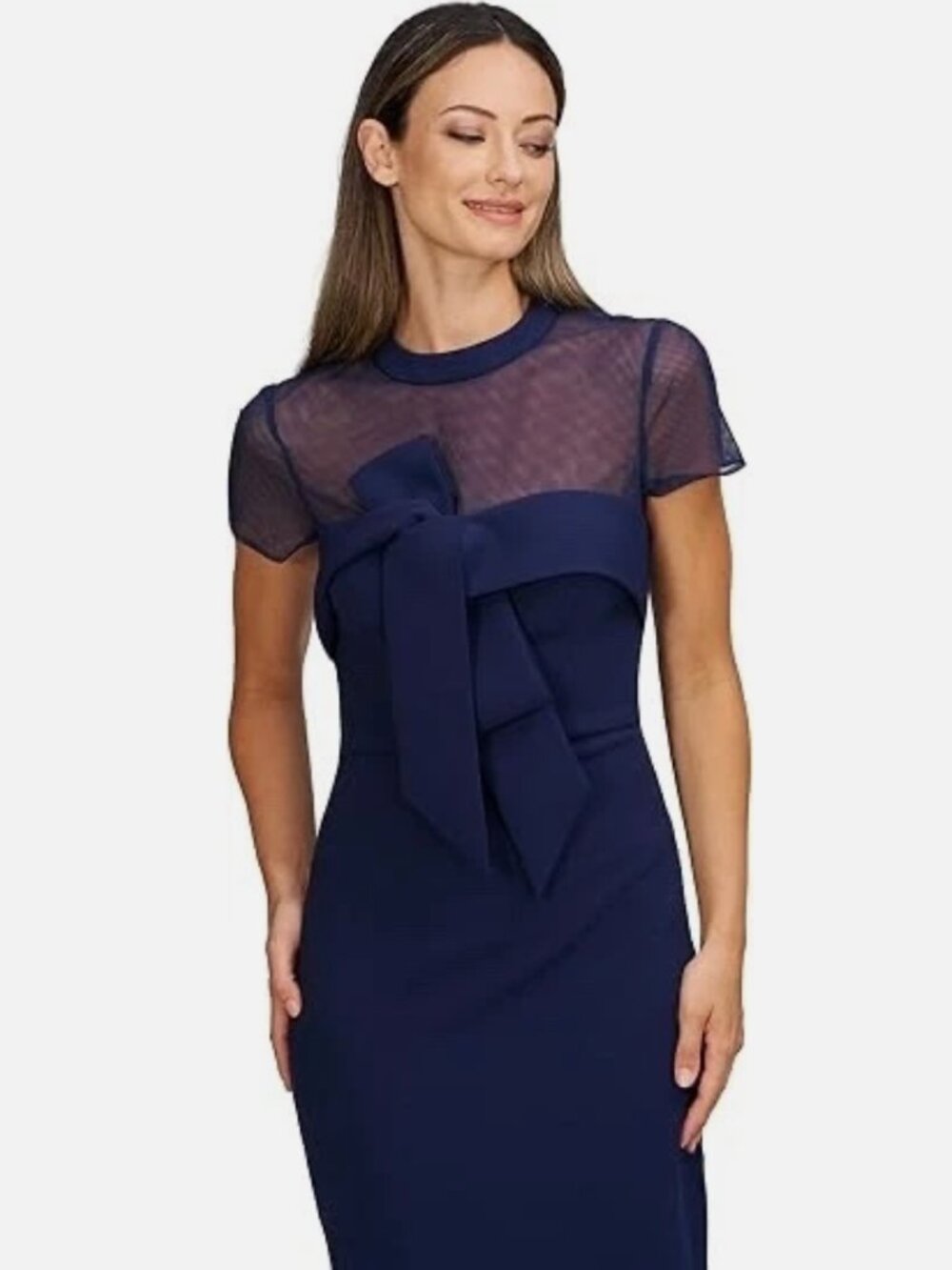 JS Colection 18W. Sheer Yoke Bow-Accent Navy Sheath Dress